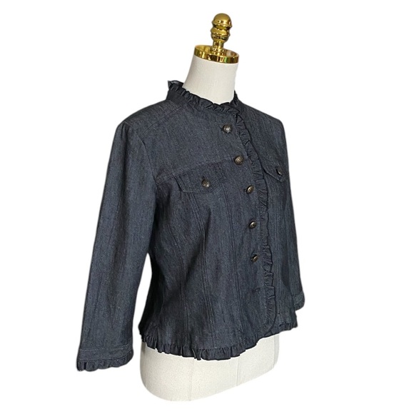 SANDRO | Women’s Ruffle Trim Black Denim Button Down Jacket Size PM - Picture 2 of 6
